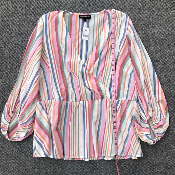 Lane Bryant lightweight striped crossover v-neck 3/4 balloon sleeve peplum top - Picture 6 of 11